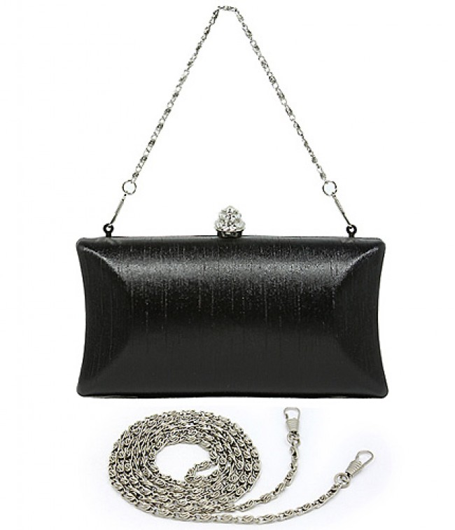 Evening Bag - Shimmery Silk w/ Rhinestones Accent Closure Knob - Black - BG-1120SL-BK